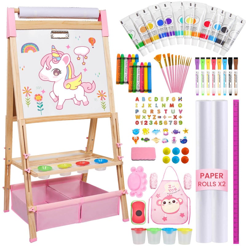 SUNFATT Easel for KidsAdjustable Wooden Art Easel for Kids119 Art SuppliesDouble Sided Magnetic Chalkboard and White Board Whit Storage BasketDrawing and Painting for Aged 24578122 Paper Rolls - Image 2