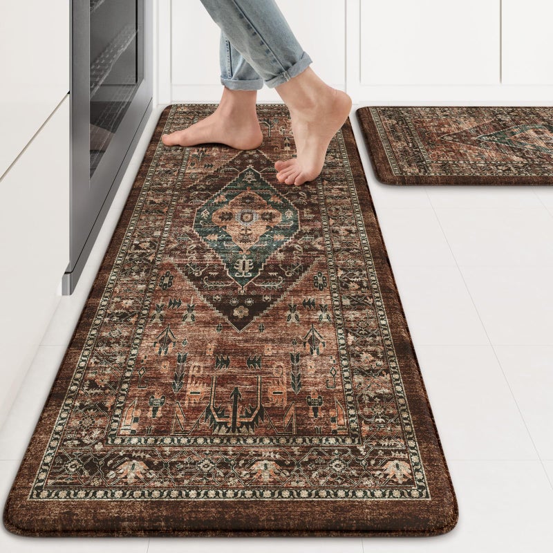 KIMODE Kitchen Mats for Floor Cushioned Anti Fatigue, Floral Kitchen Rugs Sets of 2, Brick Rugs for Kitchen Floor, Comfort Kitchen Floor Mats, Ergonomic Standing Desk Mat for Sink Laundry - Image 1