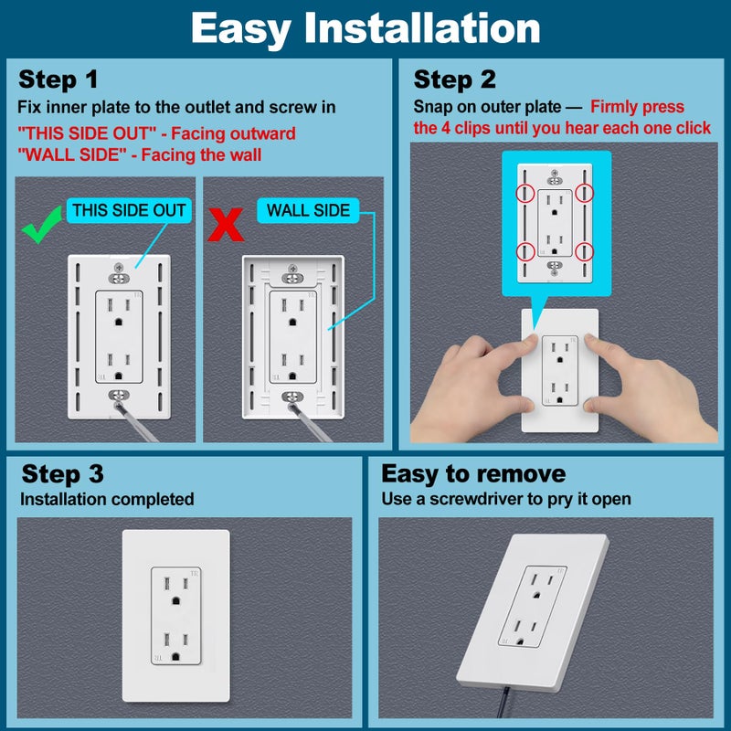 CML Hardware CML Decorator Screwless Wall Plate, 1-Gang Receptacle Outlet Cover, 8 Pack Hidden Screw Smooth Face Switch Plates, Standard Size 2.91"x4.68", UL Listed, White - Image 4