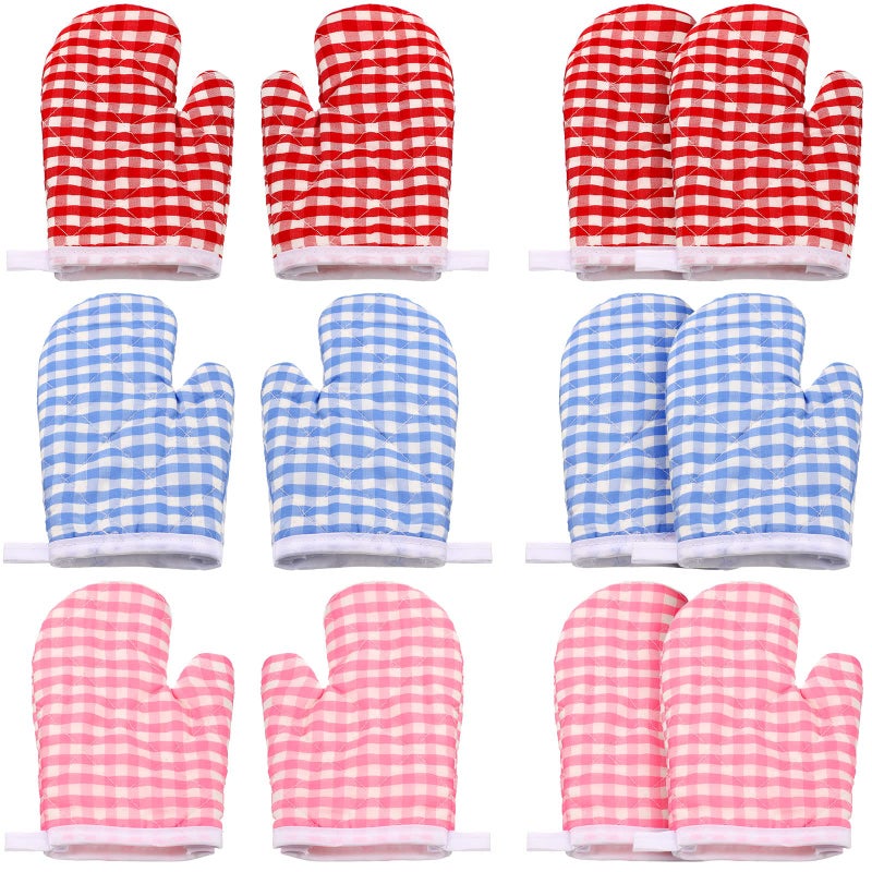 Remerry 12 Pcs Kids Oven Mitts Toddler Oven Mitts Children Heat Resistant Kitchen Mitts Checkered Kitchen Oven Gloves Kids for Cooking Baking Microwave Child Play BBQ Grilling Age 210Red Pink Blue 