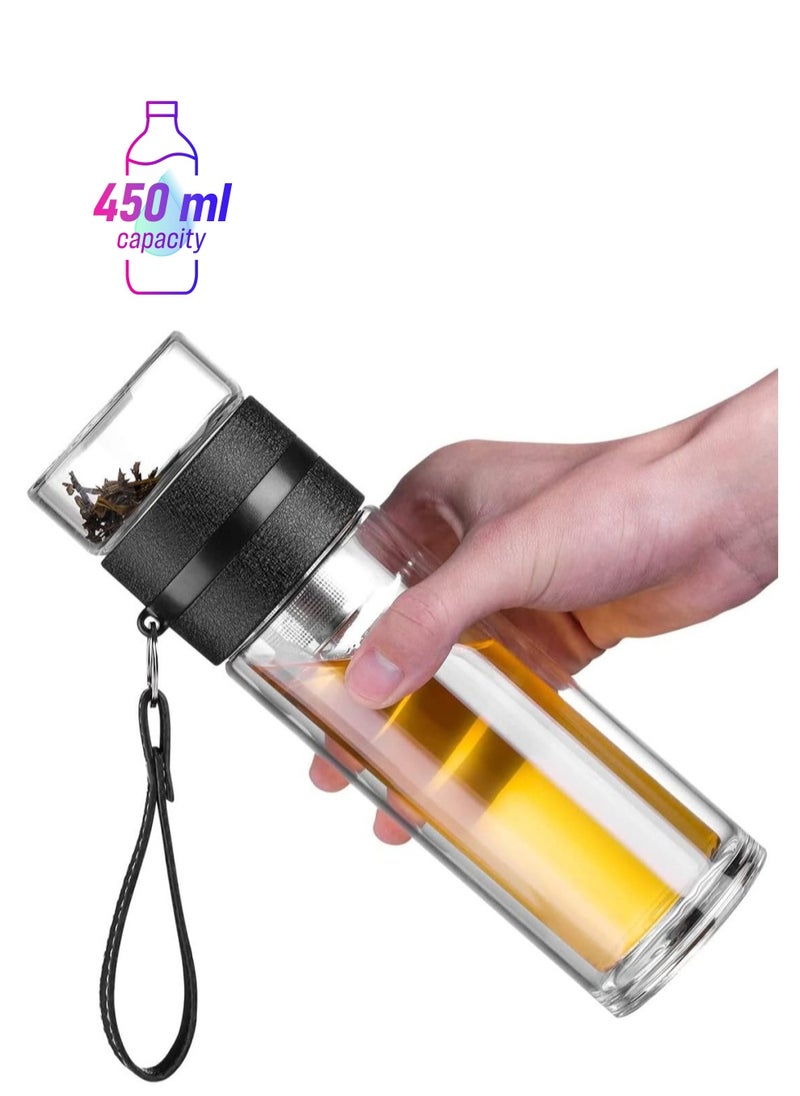 عربست 450ML مزدوجة الجدار عالية البورسليكات زجاجة ماء زجاجية، الشاي والمياه فصل زجاجة الشاي، كوب القدح مع مصفاة الشاي، السفر القدح مع مصفاة، المحمولة السفر الزجاج الشاي Infuser-أسود  - Image 1