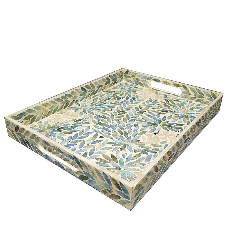 ilan Creative Rectangular Mother of Pearl Severing Tray Lacquer Wooden Decorative Tray Handmade Shell Serving Tray with Handles and 2 Inch Side Large Beige Blue Inlay Nacre Ottoman Tray 1575