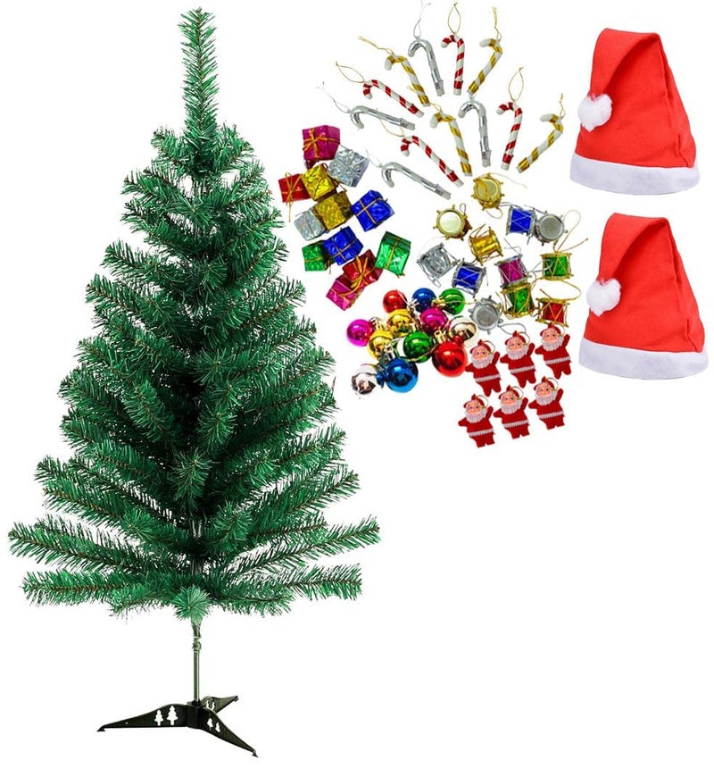 Evisha 3 Feet Long Artificial Christmas Tree and 2 Santa Caps 12 Gift 12 Drum 12 Candy 12 Multi Balls 6 Red Santa Total 54 Pcs Hanging XMass Christmas Decoration - Image 1
