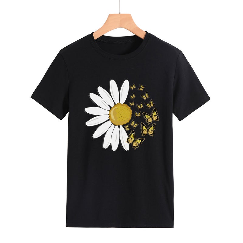 Independent Station Cross-border Foreign Trade Daisy Butterfly Fashion Round Neck Letter Print Top Women's Short Sleeve T-Shirt Black(color map) XL - Image 1