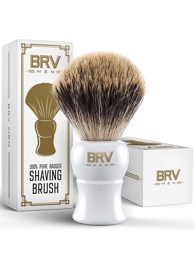 BRV MEN 100% Pure Badger Shaving Brush LARGE (24mm knots) - Heavy Resin Handle - Use with Double-Edge Safety Razor, Straight Razor and Shaving Bowl - White - Image 1