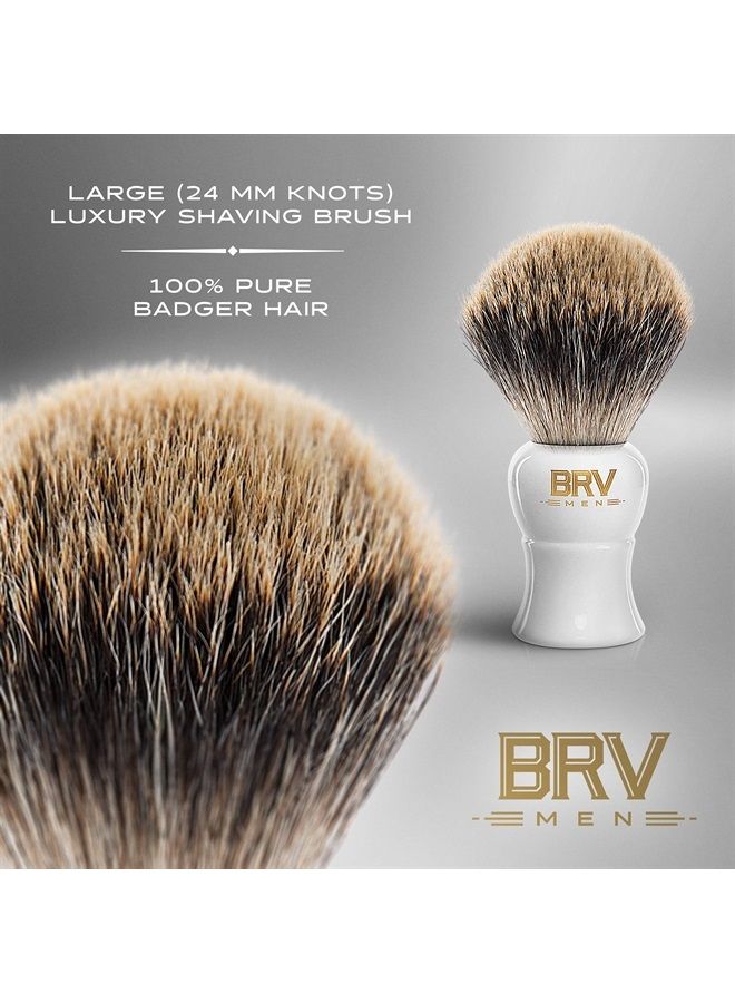 BRV MEN 100% Pure Badger Shaving Brush LARGE (24mm knots) - Heavy Resin Handle - Use with Double-Edge Safety Razor, Straight Razor and Shaving Bowl - White - Image 2