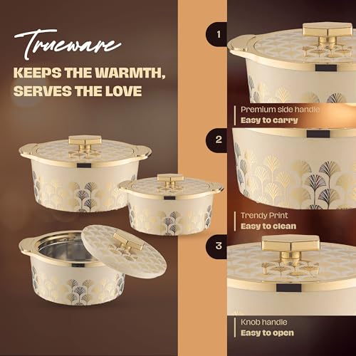 Trueware Floraa Fine Inner Steel Painted Casserole Set of 3, 750,1000 & 1500 ml Off White|PU Insulated|BPA Free|Odour Proof|Food Grade|Ideal for Chapatti|Roti|Curd Maker|Thermoware|Hot Pot - Image 4