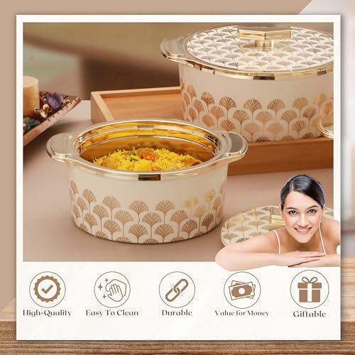 Trueware Floraa Fine Inner Steel Painted Casserole Set of 3, 750,1000 & 1500 ml Off White|PU Insulated|BPA Free|Odour Proof|Food Grade|Ideal for Chapatti|Roti|Curd Maker|Thermoware|Hot Pot - Image 2