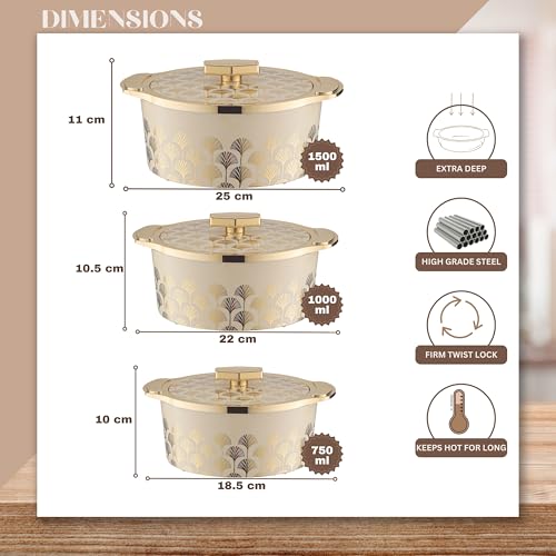 Trueware Floraa Fine Inner Steel Painted Casserole Set of 3, 750,1000 & 1500 ml Off White|PU Insulated|BPA Free|Odour Proof|Food Grade|Ideal for Chapatti|Roti|Curd Maker|Thermoware|Hot Pot - Image 3
