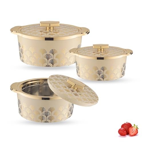 Trueware Floraa Fine Inner Steel Painted Casserole Set of 3, 750,1000 & 1500 ml Off White|PU Insulated|BPA Free|Odour Proof|Food Grade|Ideal for Chapatti|Roti|Curd Maker|Thermoware|Hot Pot - Image 1