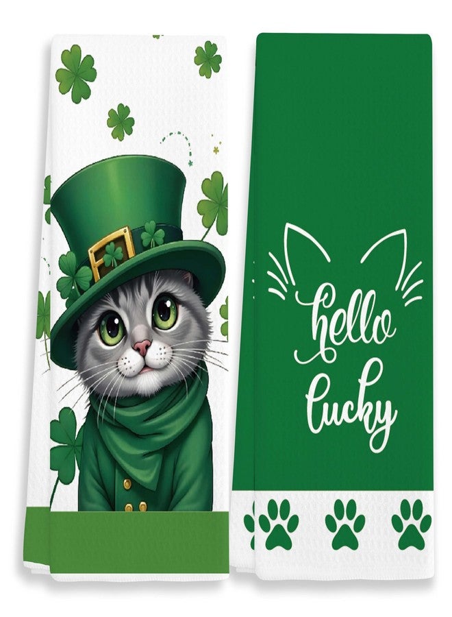 مناشف مطبخ مزخرفة من EJGFS "Hello Lucky" برسومات النفل والقطط، طقم من قطعتين، مناشف يد مقاس 16 × 24 بوصة للحمام، هدايا عيد القديس باتريك، هدايا للعائلة والأصدقاء والزملاء، إلخ. (061) - Image 1
