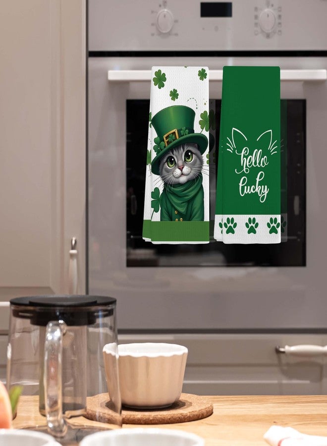 مناشف مطبخ مزخرفة من EJGFS "Hello Lucky" برسومات النفل والقطط، طقم من قطعتين، مناشف يد مقاس 16 × 24 بوصة للحمام، هدايا عيد القديس باتريك، هدايا للعائلة والأصدقاء والزملاء، إلخ. (061) - Image 4