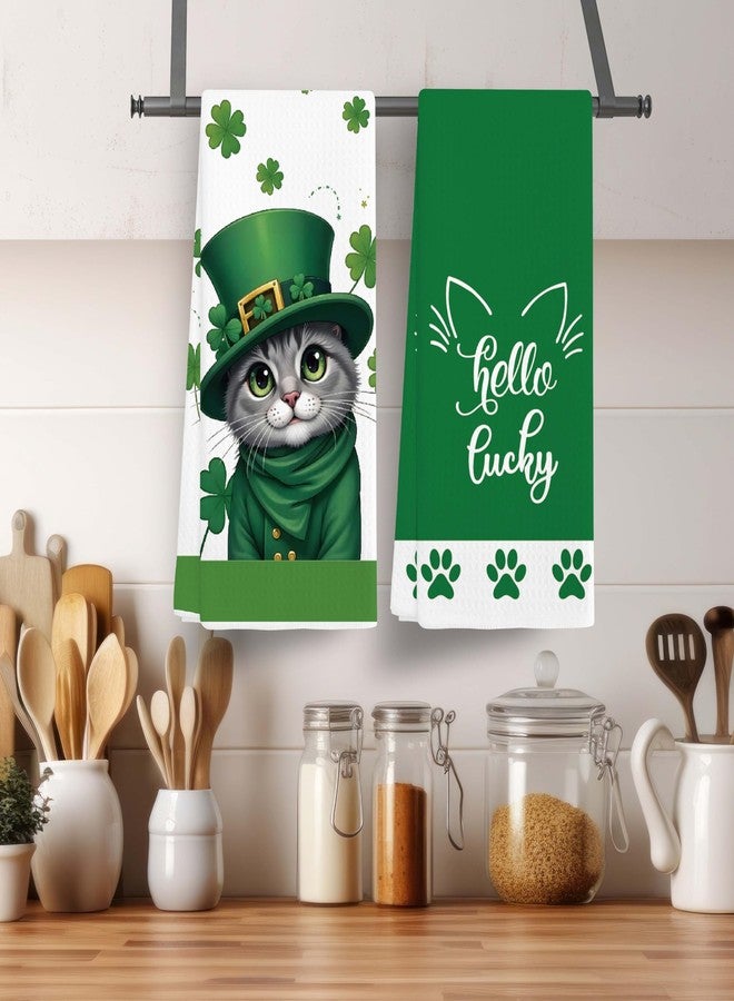 مناشف مطبخ مزخرفة من EJGFS "Hello Lucky" برسومات النفل والقطط، طقم من قطعتين، مناشف يد مقاس 16 × 24 بوصة للحمام، هدايا عيد القديس باتريك، هدايا للعائلة والأصدقاء والزملاء، إلخ. (061) - Image 2