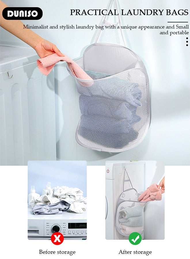 DUNISO 2 PCS Hanging Laundry Hamper,Mesh Laundry Basket Foldable Hamper Collapsible Dirty Clothes Hamper Wall Mounted Storage Bag with Carry Handle Used for Travel,Bedroom,Bathroom  - Image 4