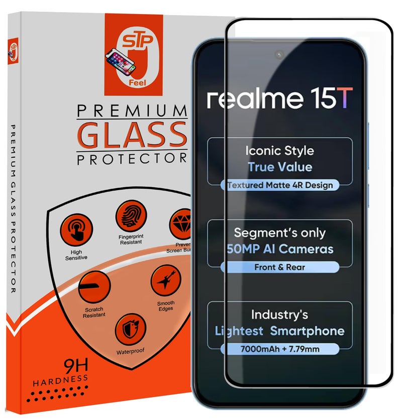 STP FEEL® Premium HD+ Tempered Glass Screen Protector Guard Compatible For Realme 15T 5G (6.57 Inch, Pack of 1) | Edge to Edge Coverage With Easy to installation kit - Image 1