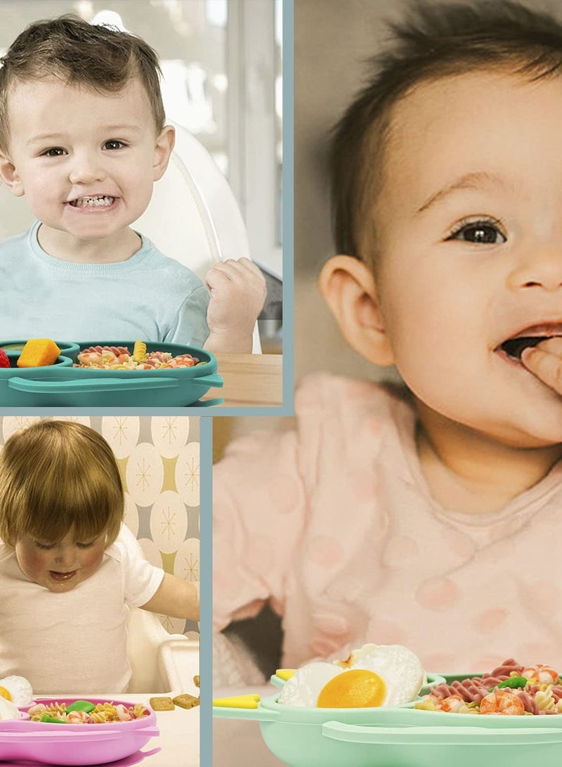 Excefore Suction Plate for Baby, Silicone Divided Plates with Suction, Toddler Baby Spoon Fork Plate Set, Perfect Baby Dishes with Kids Plates, Pink Owl Design - Image 2