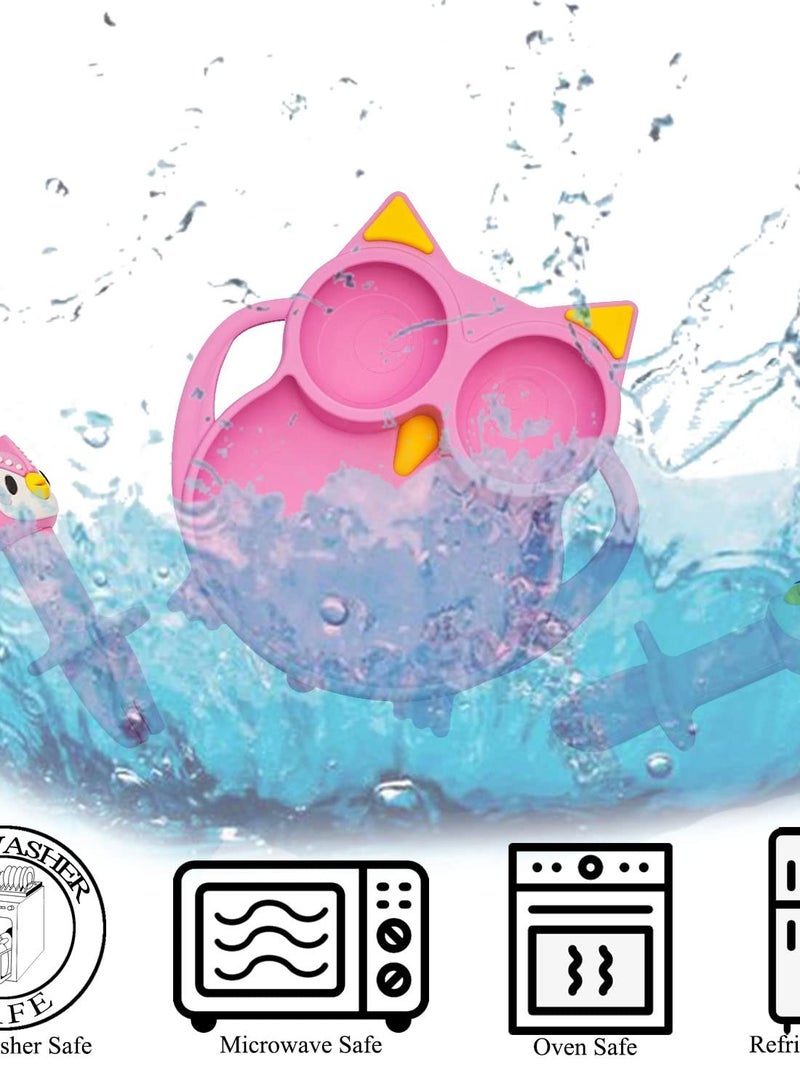 Excefore Suction Plate for Baby, Silicone Divided Plates with Suction, Toddler Baby Spoon Fork Plate Set, Perfect Baby Dishes with Kids Plates, Pink Owl Design - Image 4