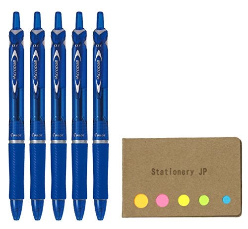 Stationery JP Pilot Acroball Retractable Advanced Ink Ball Point Pens, Fine Point 0.7mm, Blue Ink, Rubber Grip, 5-Pack, Sticky Notes Value Set - Image 1