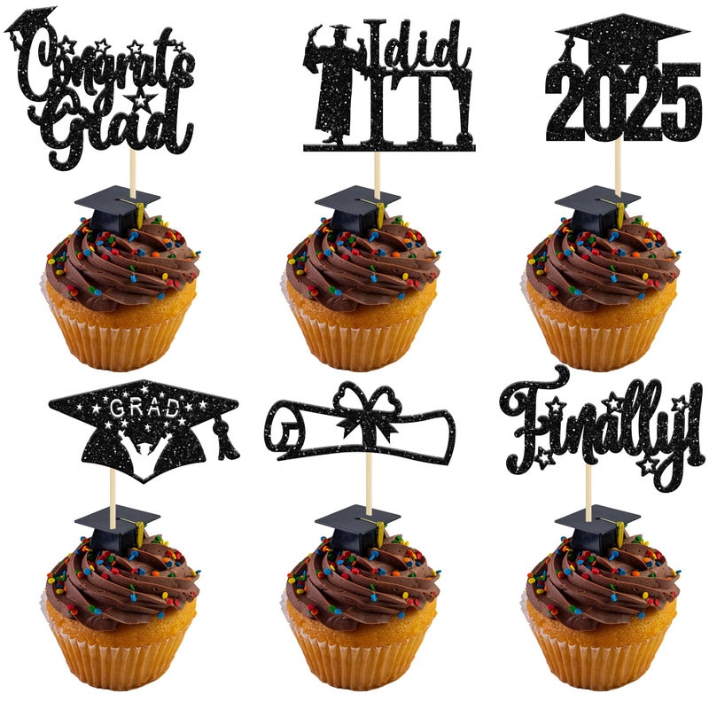 Ephlyn 24 Pack Black 2025 Graduation Cupcake Toppers Glitter Finally Did It Diploma Grad Cap Cupcake Picks Congrats Grad Cake Decorations for 2025 Graduation Theme Party Decorations Supplies - Image 1
