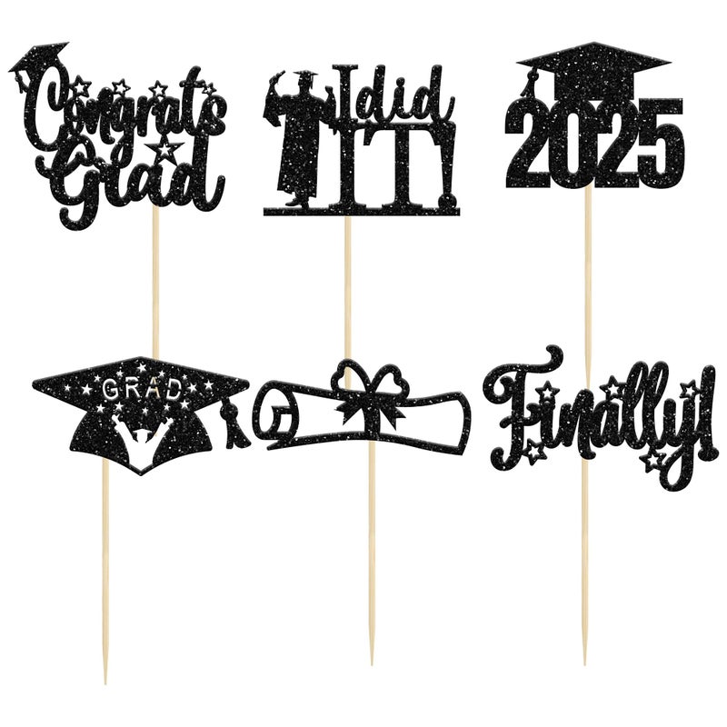 Ephlyn 24 Pack Black 2025 Graduation Cupcake Toppers Glitter Finally Did It Diploma Grad Cap Cupcake Picks Congrats Grad Cake Decorations for 2025 Graduation Theme Party Decorations Supplies - Image 3