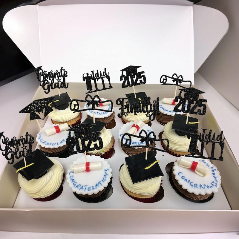 Ephlyn 24 Pack Black 2025 Graduation Cupcake Toppers Glitter Finally Did It Diploma Grad Cap Cupcake Picks Congrats Grad Cake Decorations for 2025 Graduation Theme Party Decorations Supplies - Image 5