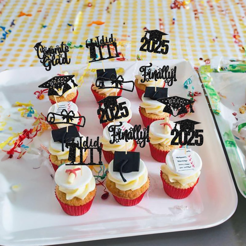 Ephlyn 24 Pack Black 2025 Graduation Cupcake Toppers Glitter Finally Did It Diploma Grad Cap Cupcake Picks Congrats Grad Cake Decorations for 2025 Graduation Theme Party Decorations Supplies - Image 4