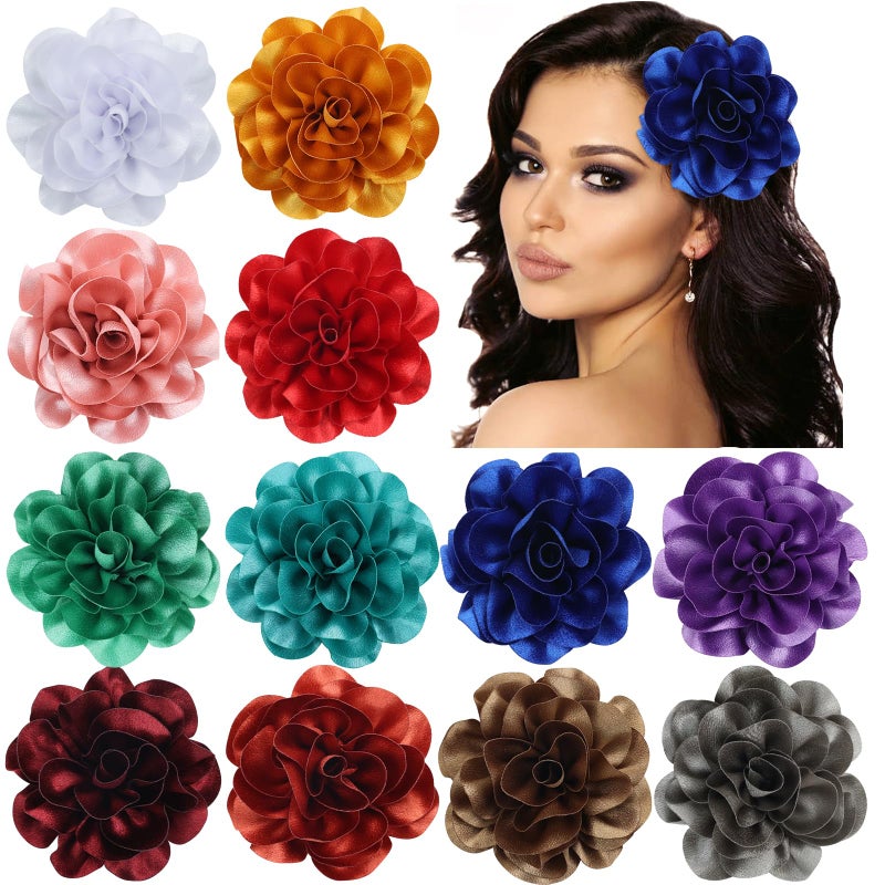Dizila 12 Pack Satin Solid Large Big Flower Hair Clips Duckbill Alligator Hair Clips Hairpins Barrettes Accessories for Women Girls Teens Kids - Image 1