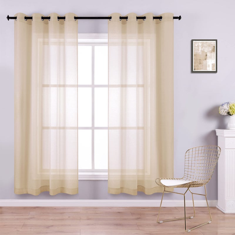 KOUFALL Beige Sheer Curtains 63 Inch Length for Nursery Set of 2 Panels Grommet Linen Look Voile Drapes Semi Sheer Gold Dark Beige Rustic Curtains for Cabin Window Bedroom Sill Kids Living Room 63 Inches Long - Image 1