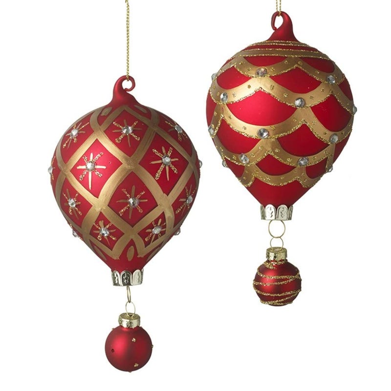 Set of 2  Hot Air Balloon Style Christmas Tree BaublesDecorations  Red  Gold