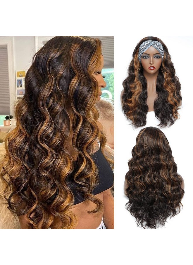 marchqueen Brown Headband Wig 24 Inch Long Wavy Headband Wigs For Black Women Dark Brown Mix Blonde Highlights Loose Wave Headband Wig Synthetic Long Wigs For Women And Girls Daily Party Wear (P6/3027)  - Image 1