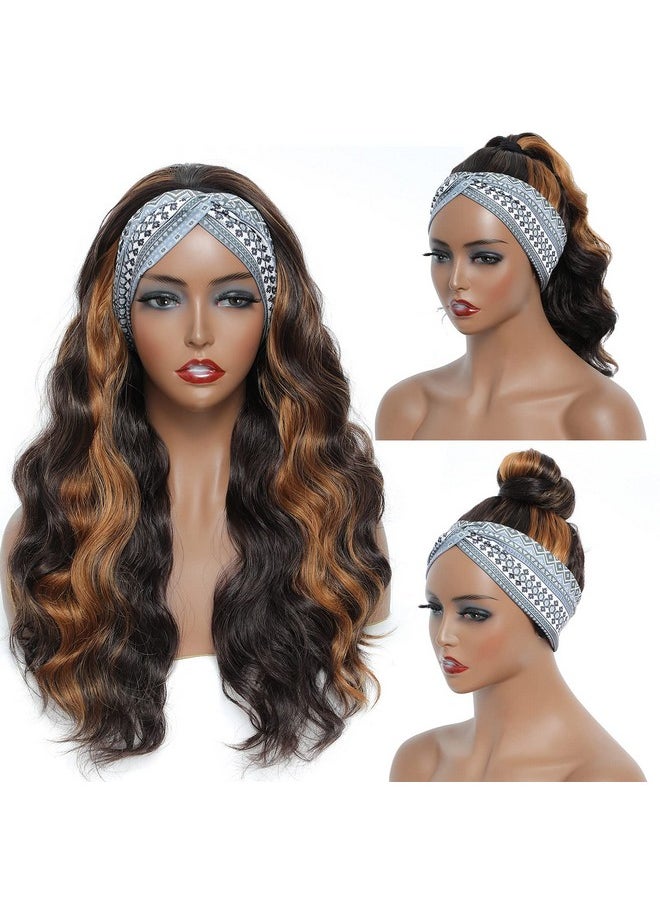 marchqueen Brown Headband Wig 24 Inch Long Wavy Headband Wigs For Black Women Dark Brown Mix Blonde Highlights Loose Wave Headband Wig Synthetic Long Wigs For Women And Girls Daily Party Wear (P6/3027)  - Image 5