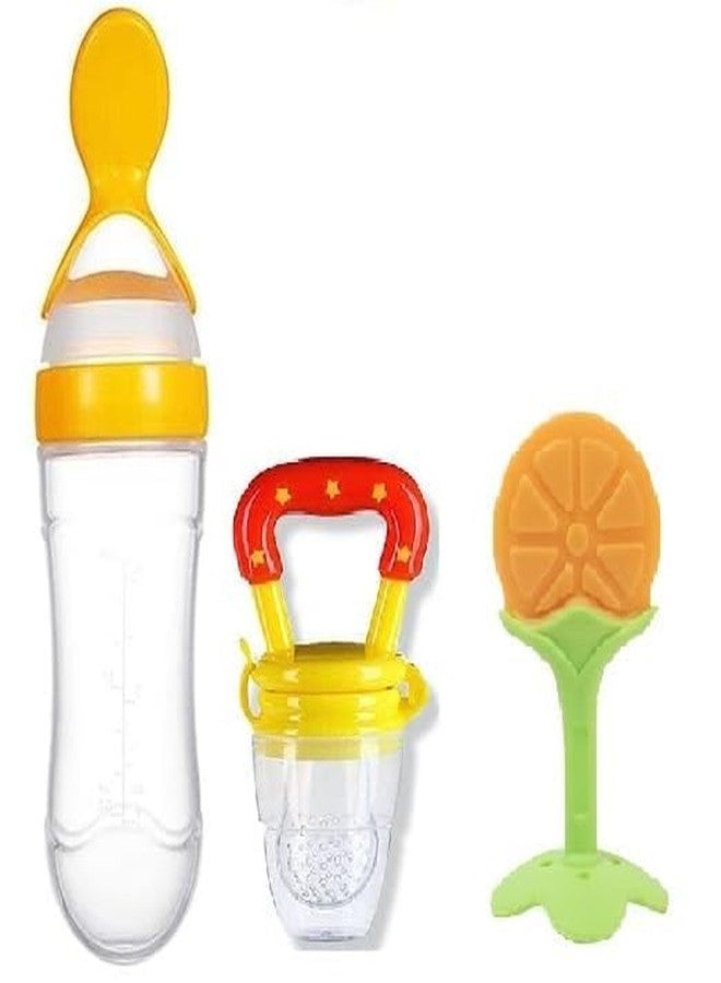 Chopchi Fruit Feeder,Teether & Feeding Spoon Bottle with Squeezy Food for 6 Month Above Baby (Pack of-3, Yellow Set) - Image 1