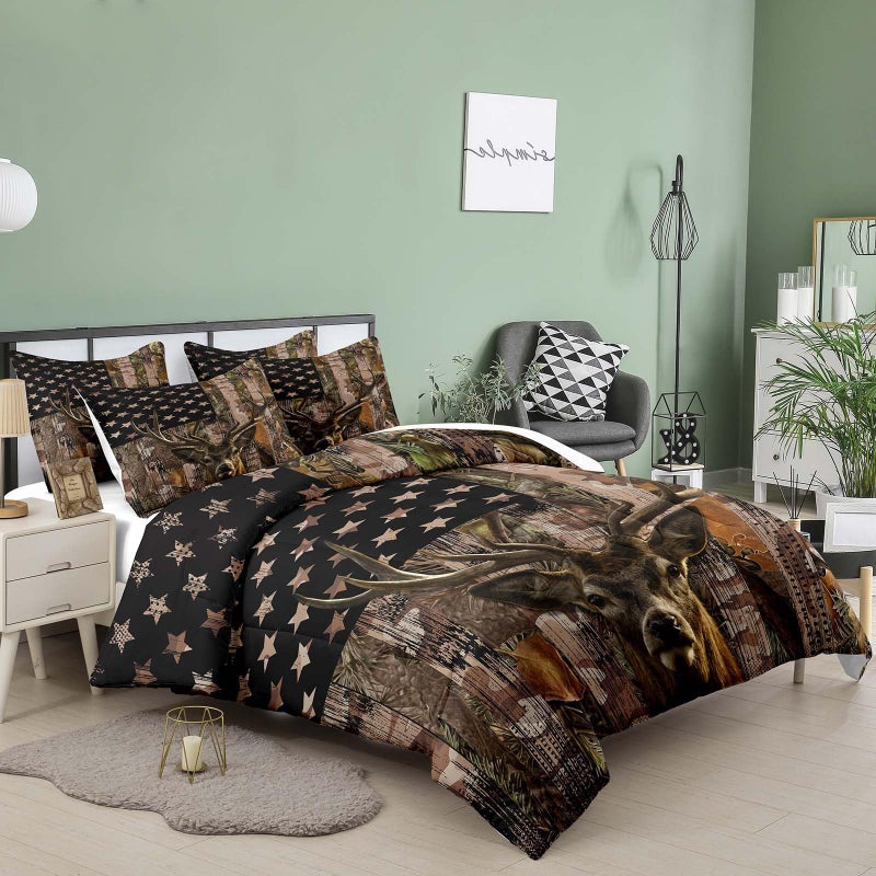 Tailor Shop Deer Comforter Sets for Boys Kids Teens American Flag Camo Bedding Sets Queen Size Hunting Comforter Sets Woodland Moose Wildlife Forest Bed Set  with 1 Comforter 2 Pillowcase - Image 2