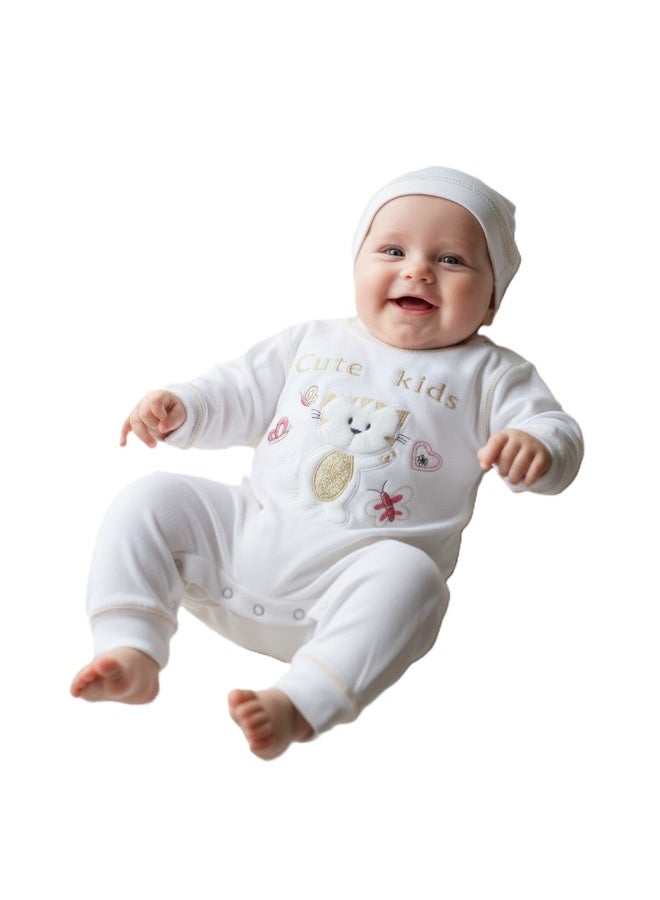 Egyptian Cotton 2 Piece White Jumpsuit and Ice Cap with Snaps, Embroidery Colors, Suitable for Newborn