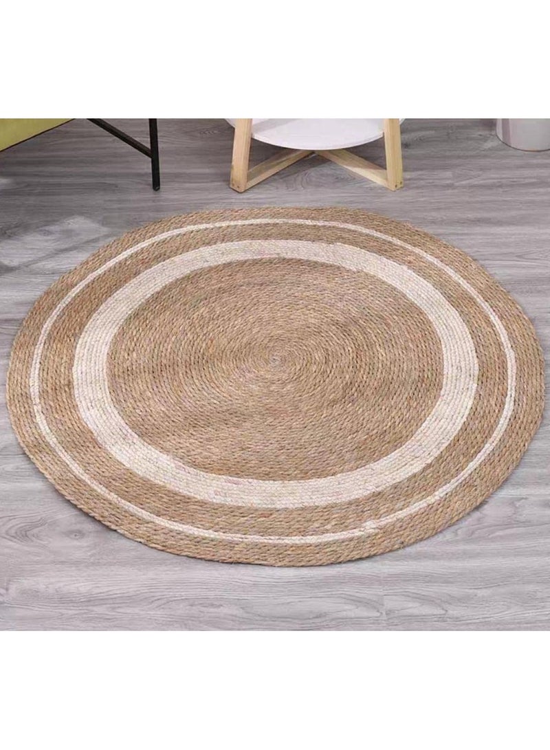 LINGWEI Natural Jute Round Rug with Dual-Tone Design – Handwoven, Durable & Eco-Friendly, Available in 2 Sizes Round Area Rug Carpet Floor Mat with White Line - Image 5