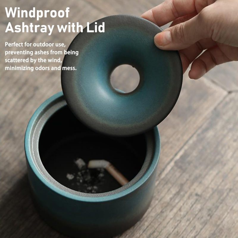 Ceramic Ashtray With Lid: 4.5 X 4.5 X 3.1 Inches 500 Ml Blue Handmade Windproof Heat Resistant Easy Clean Stable Base - Luxury Decorative Ashtray for Indoor Outdoor Patio Home Cafe Cigar Cigarette Lov - Image 4