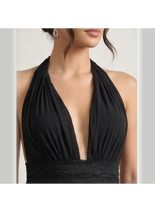 Caprisious  Ethereal Deep-V Halter Mini Dress with Lace Waist Detail for Women | Best Price UAE