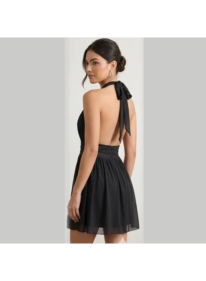 Caprisious  Ethereal Deep-V Halter Mini Dress with Lace Waist Detail for Women | Best Price UAE