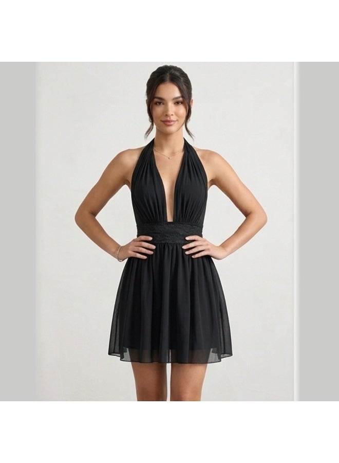 Caprisious Ethereal Deep-V Halter Mini Dress with Lace Waist Detail - Image 1
