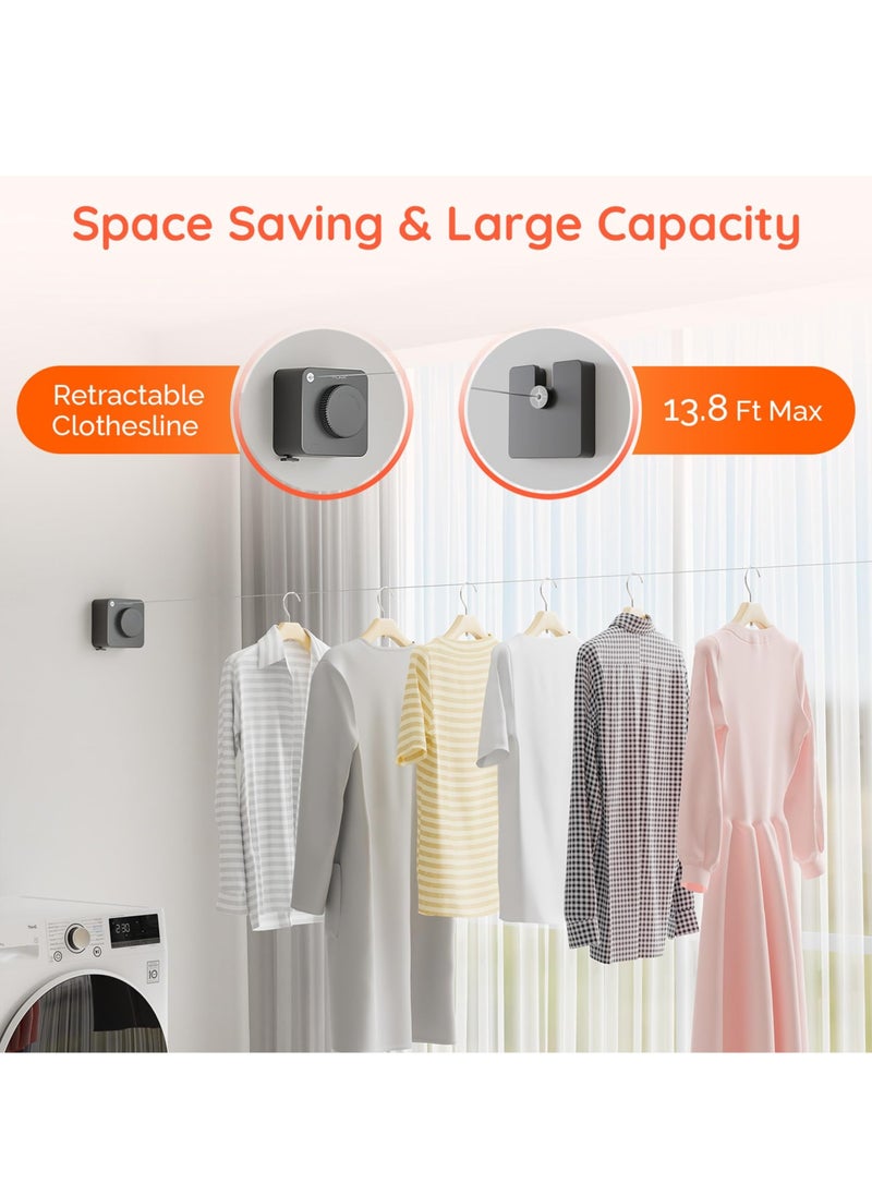 XiuWoo 4.2M Retractable Clothesline Indoor, Non-Sagging Outdoors Clothesline Retracting, Heavy Duty Retractable Clothes Drying Laundry Line, Wall Mounted Stainless Steel Line Gray  - Image 2
