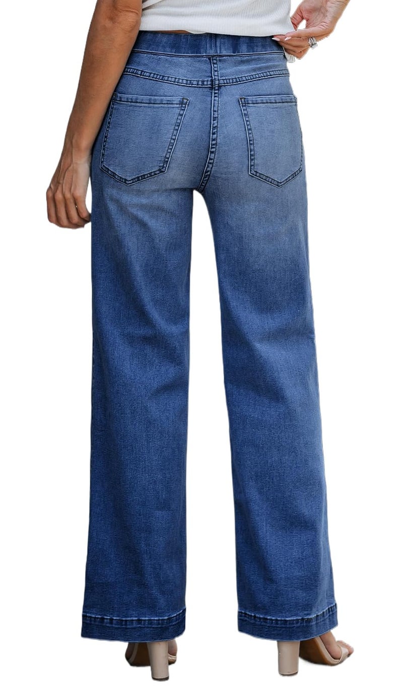 BestGirl Wide Leg Jeans for Women Elastic High Waisted Pull On Baggy Denim Pants - Image 2