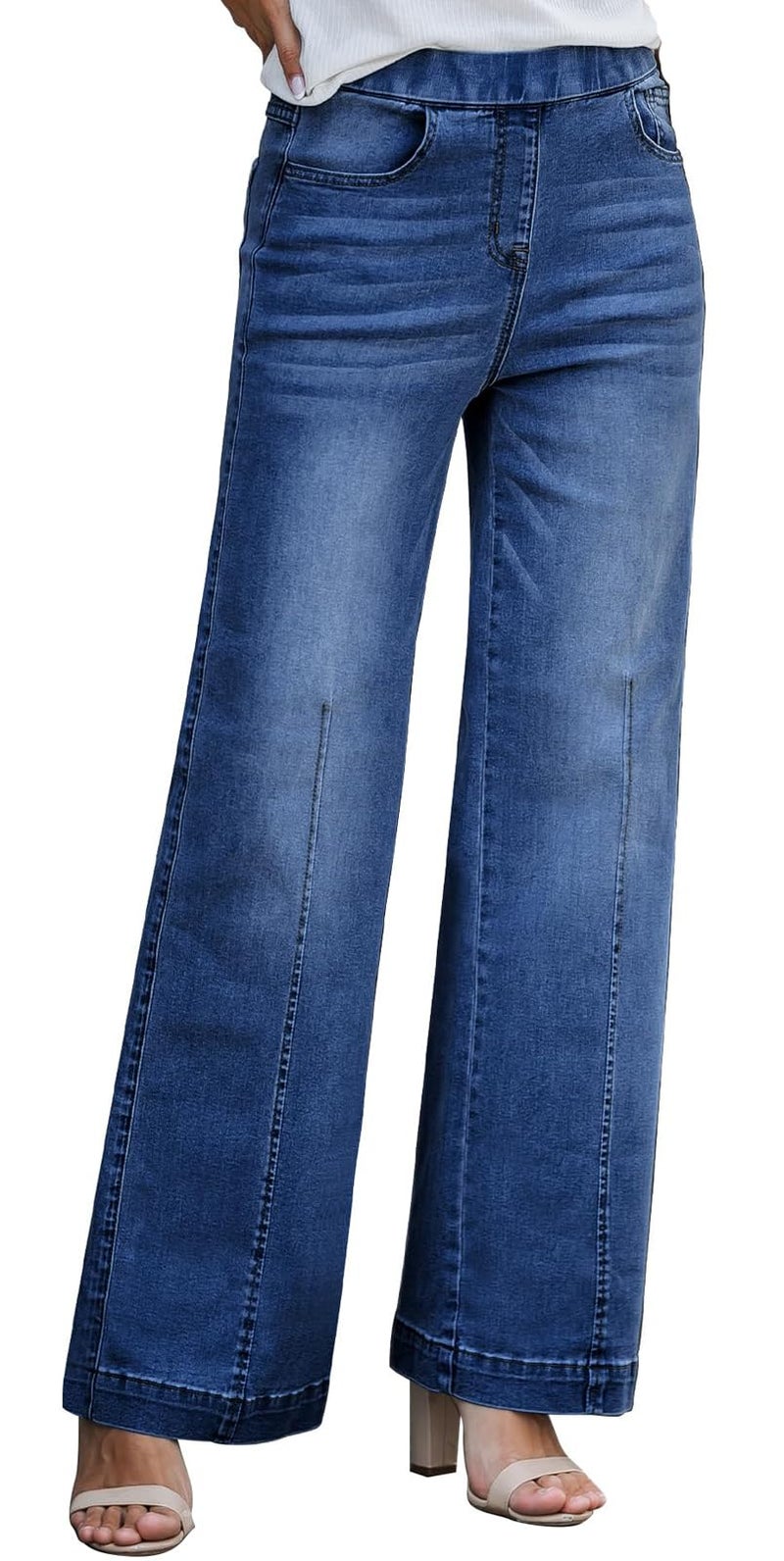 BestGirl Wide Leg Jeans for Women Elastic High Waisted Pull On Baggy Denim Pants - Image 1
