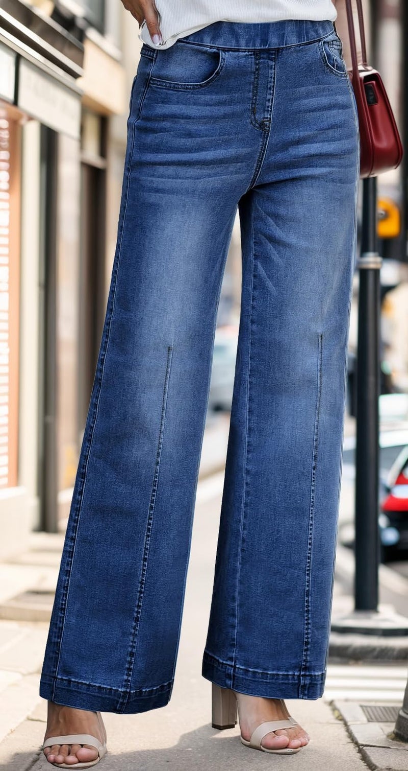 BestGirl Wide Leg Jeans for Women Elastic High Waisted Pull On Baggy Denim Pants - Image 4