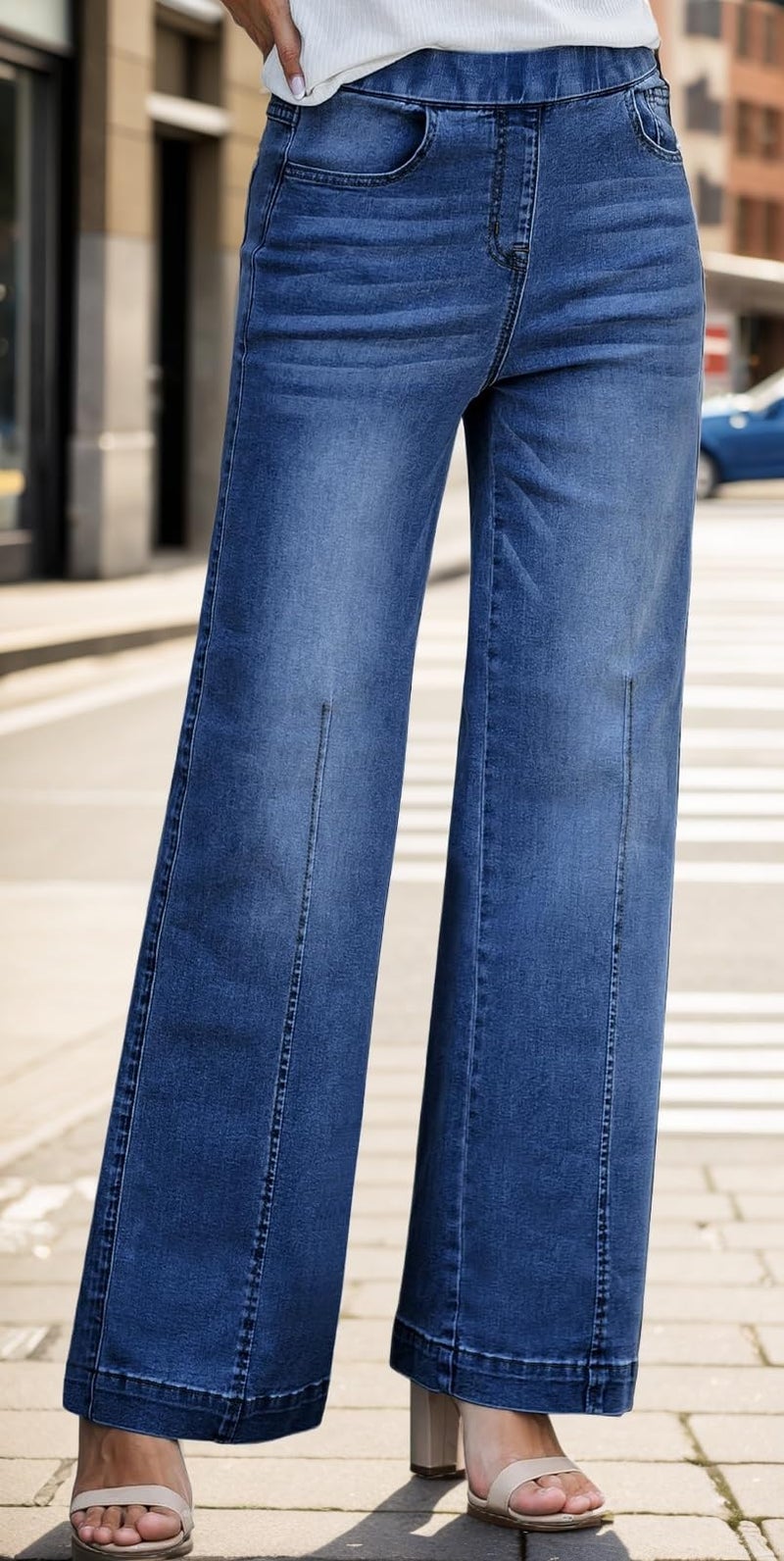 BestGirl Wide Leg Jeans for Women Elastic High Waisted Pull On Baggy Denim Pants - Image 3