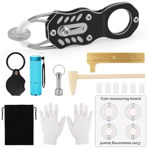 Pletpet 16Pcs Silver Coin Tester Kit, Coin Ping Tester for Resonance Testing and Size Comparison, Magnifying Glass/Hammer/Keychain/Measuring Board/Caliper/Bag/UV Light/Gloves/Protective Covers - Image 1