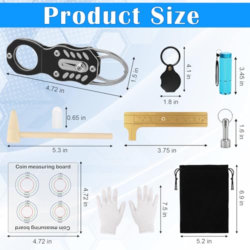 Pletpet 16Pcs Silver Coin Tester Kit, Coin Ping Tester for Resonance Testing and Size Comparison, Magnifying Glass/Hammer/Keychain/Measuring Board/Caliper/Bag/UV Light/Gloves/Protective Covers - Image 2