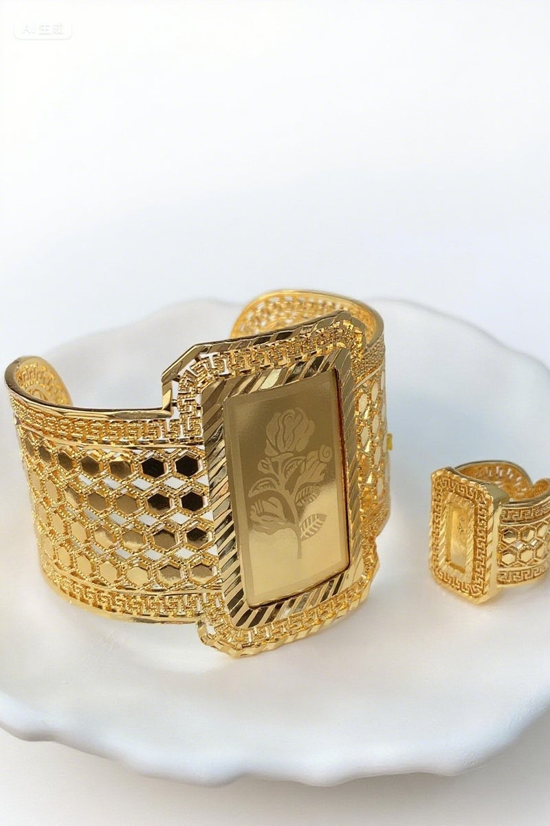 22K Side cut-out geometric print open bracelet set, exquisite eco-friendly gold plated bracelet ring, unisex - Image 1