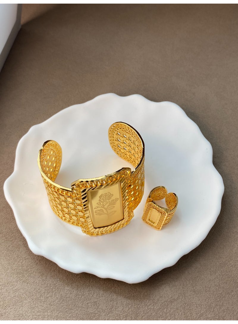 22K Side cut-out geometric print open bracelet set, exquisite eco-friendly gold plated bracelet ring, unisex - Image 4