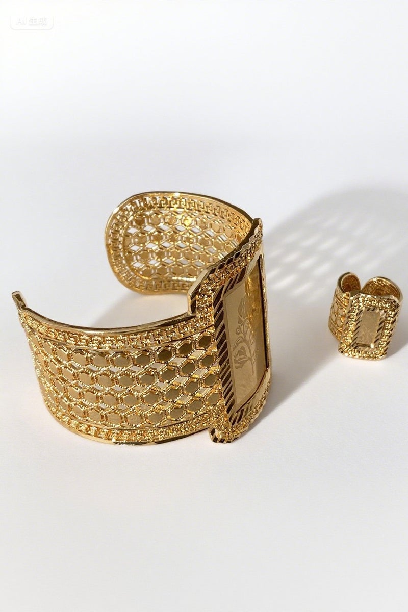 22K Side cut-out geometric print open bracelet set, exquisite eco-friendly gold plated bracelet ring, unisex - Image 2