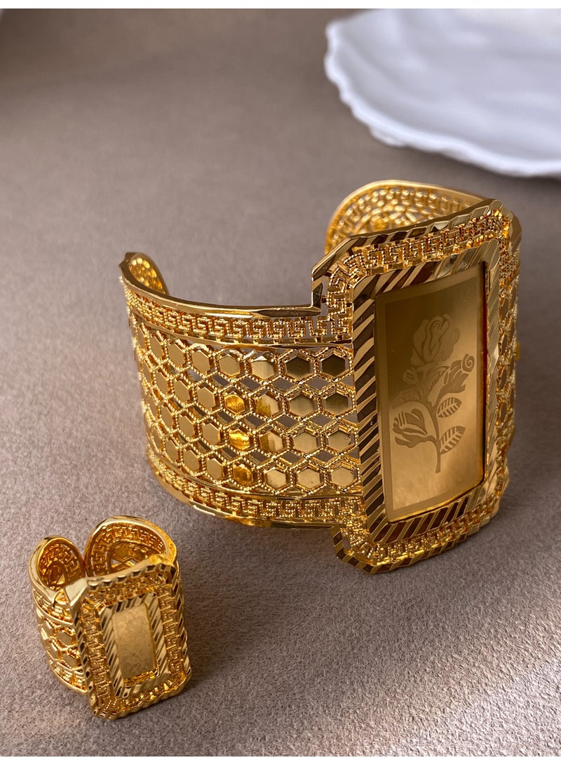 22K Side cut-out geometric print open bracelet set, exquisite eco-friendly gold plated bracelet ring, unisex - Image 5
